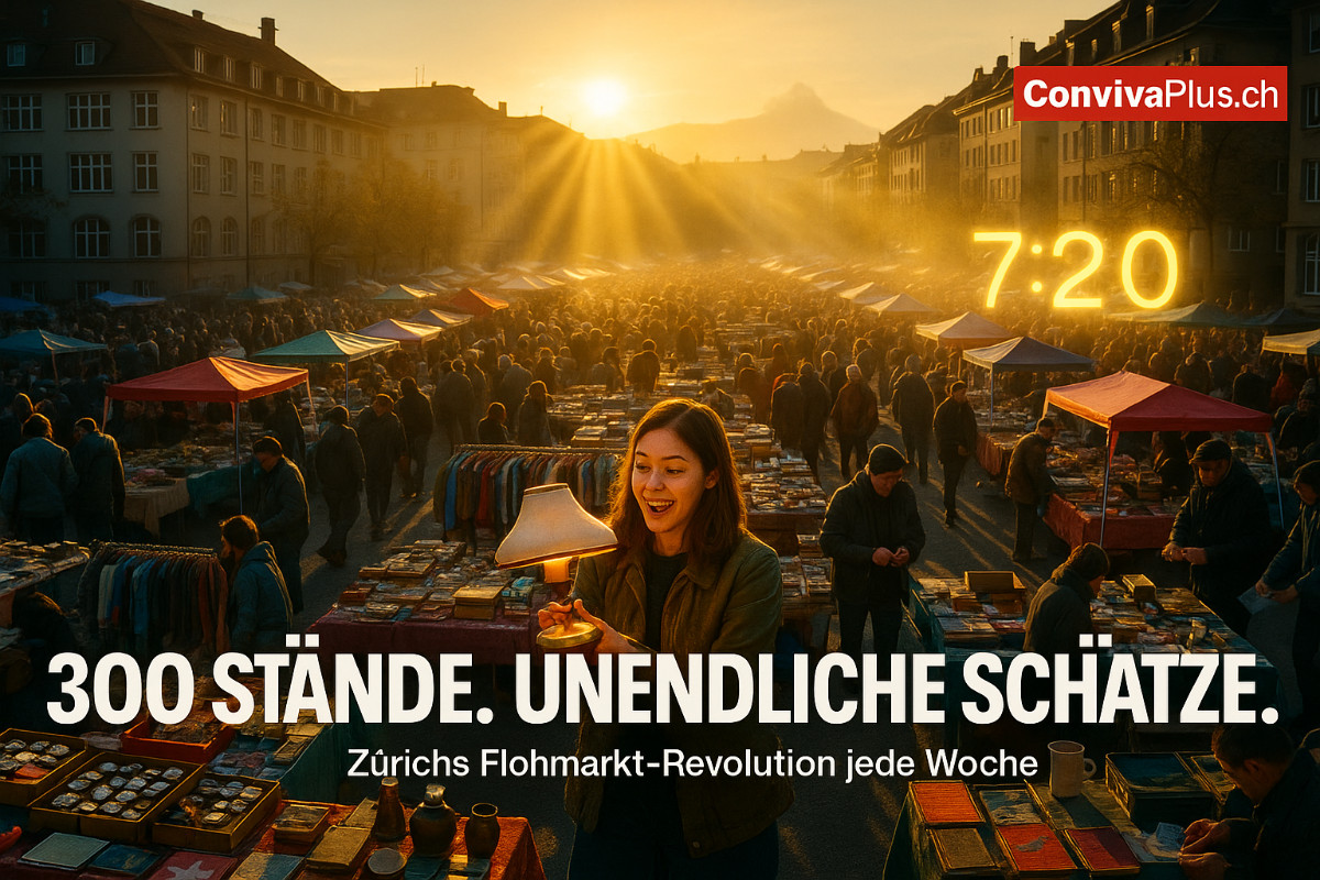 Kanzlei Flohmarkt Zürich: 300 Stände | Jeden Samstag | Grösster Schweizer Ganzjahresmarkt | ConvivaPlus.ch Zürich Kanzlei Flohmarkt mit 300 Ständen im goldenen Morgenlicht. Tausende Besucher durchstöbern Vintage-Schätze, Antiquitäten und Secondhand-Waren jeden Samstag ab 7:20 Uhr auf dem grössten Ganzjahres-Flohmarkt der Schweiz