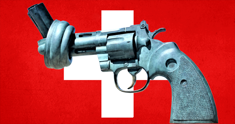 Verknotete Waffe (Pistole) auf Schweizer Flagge