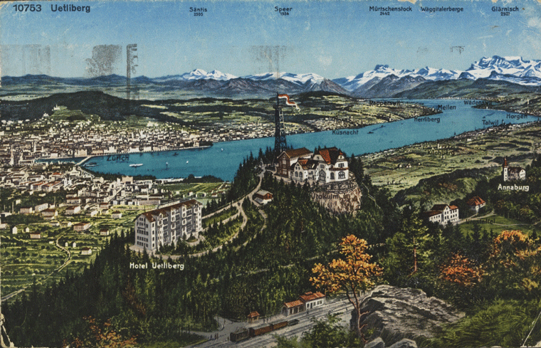 Postkarte: Uetliberg - im Hintergrund Stadt Zürich, Zürichsee & Glarner Alpen