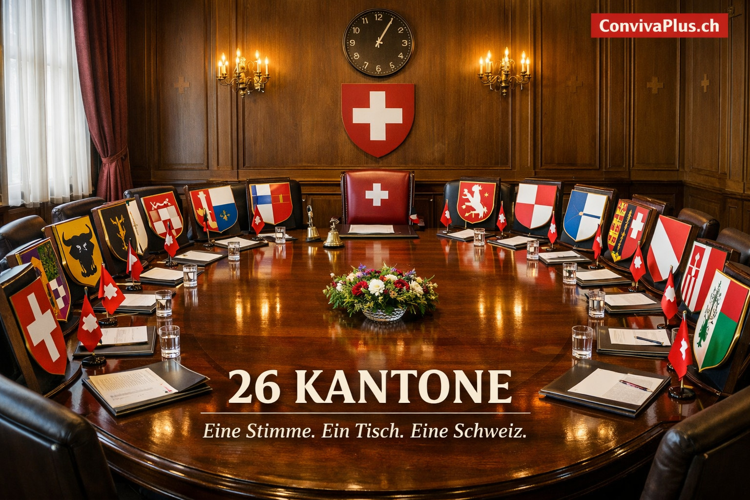 Bundesratssaal mit den Wappen der 26 Kantone