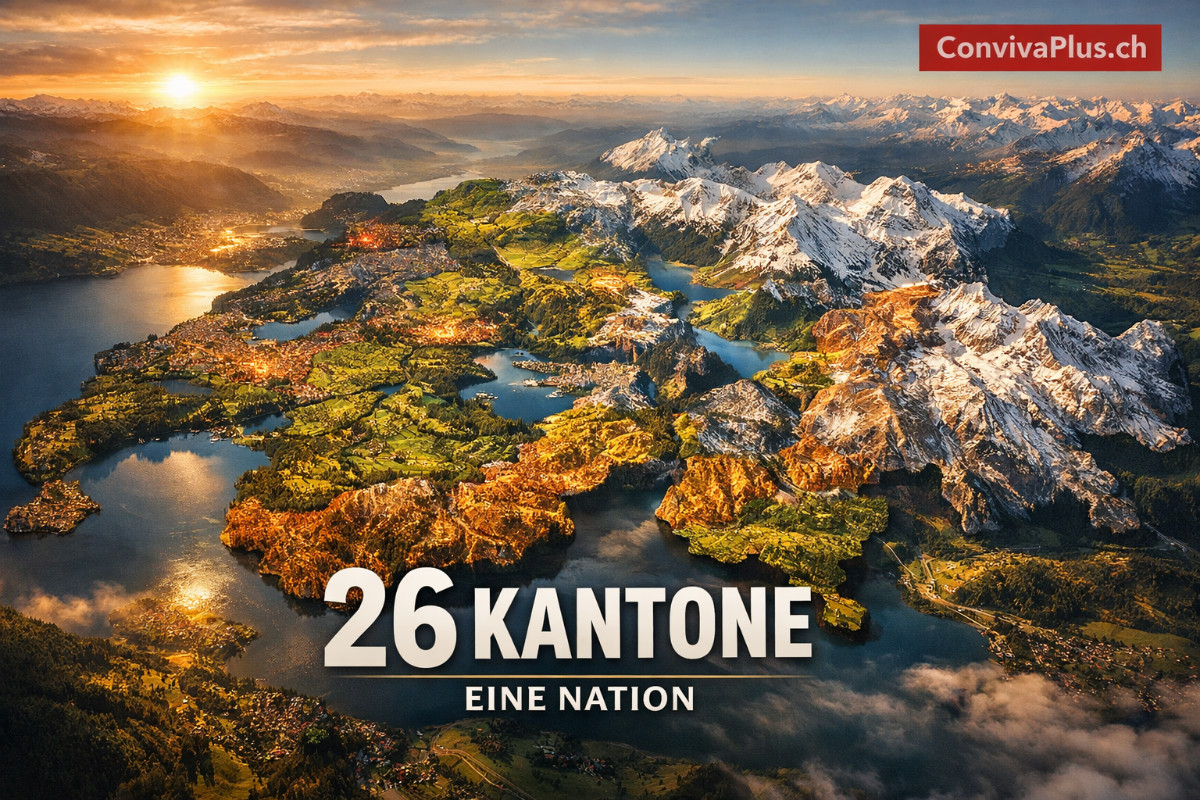 Die 26 Kantone der Schweiz als buntes Mosaik - Luftbild der vielf&auml;ltigen Nation