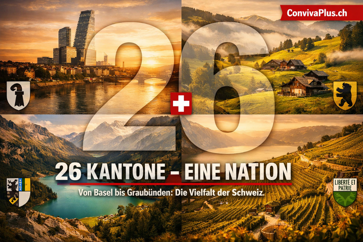 Visuelle &Uuml;bersicht der 26 Schweizer Kantone in 2x2 Grid-Komposition: Basel-Stadt Pharma-Skyline am Rhein, Appenzeller H&uuml;gellandschaft, Engadiner Bergsee in Graub&uuml;nden und Lavaux-Weinberge am Genfersee - von st&auml;dtisch bis alpin, von Deutschschweiz bis Romandie