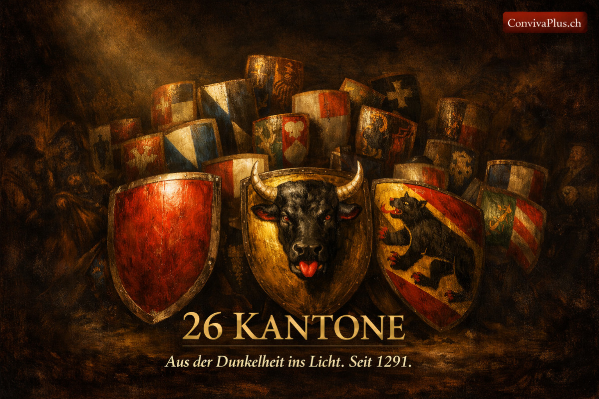 Die 26 Kantonswappen der Schweiz in kunstvoller Darstellung