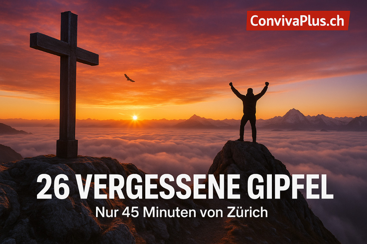 Spektakulärer Sonnenaufgang vom Schnebelhorn mit Wanderer auf Gipfel über Nebelmeer. 26 versteckte Berggipfel nahe Zürich. Alpenblick mit Säntis und Glarner Alpen. 45 Minuten von Zürich HB erreichbar. ConvivaPlus.ch