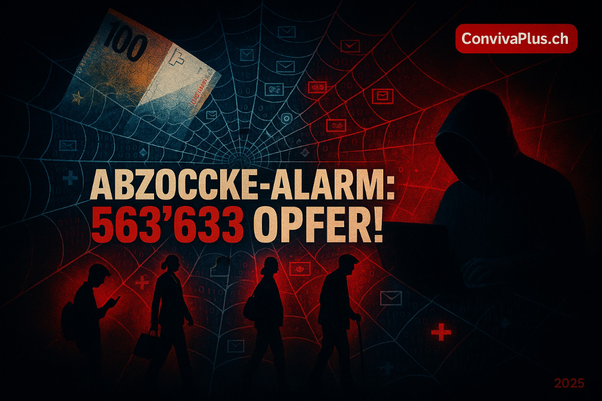 Infografik zeigt Schweizer Bürger verschiedenen Alters gefangen in einem digitalen Spinnennetz aus Phishing-Mails und Betrugs-SMS, das aus einer 100-Franken-Note entsteht. Dunkle Figur mit Laptop als Bedrohung. Rotes ConvivaPlus.ch Logo oben rechts. Warnung vor den 563'633 Straftaten in der Schweiz mit 80% digitalen Betrugsdelikten.