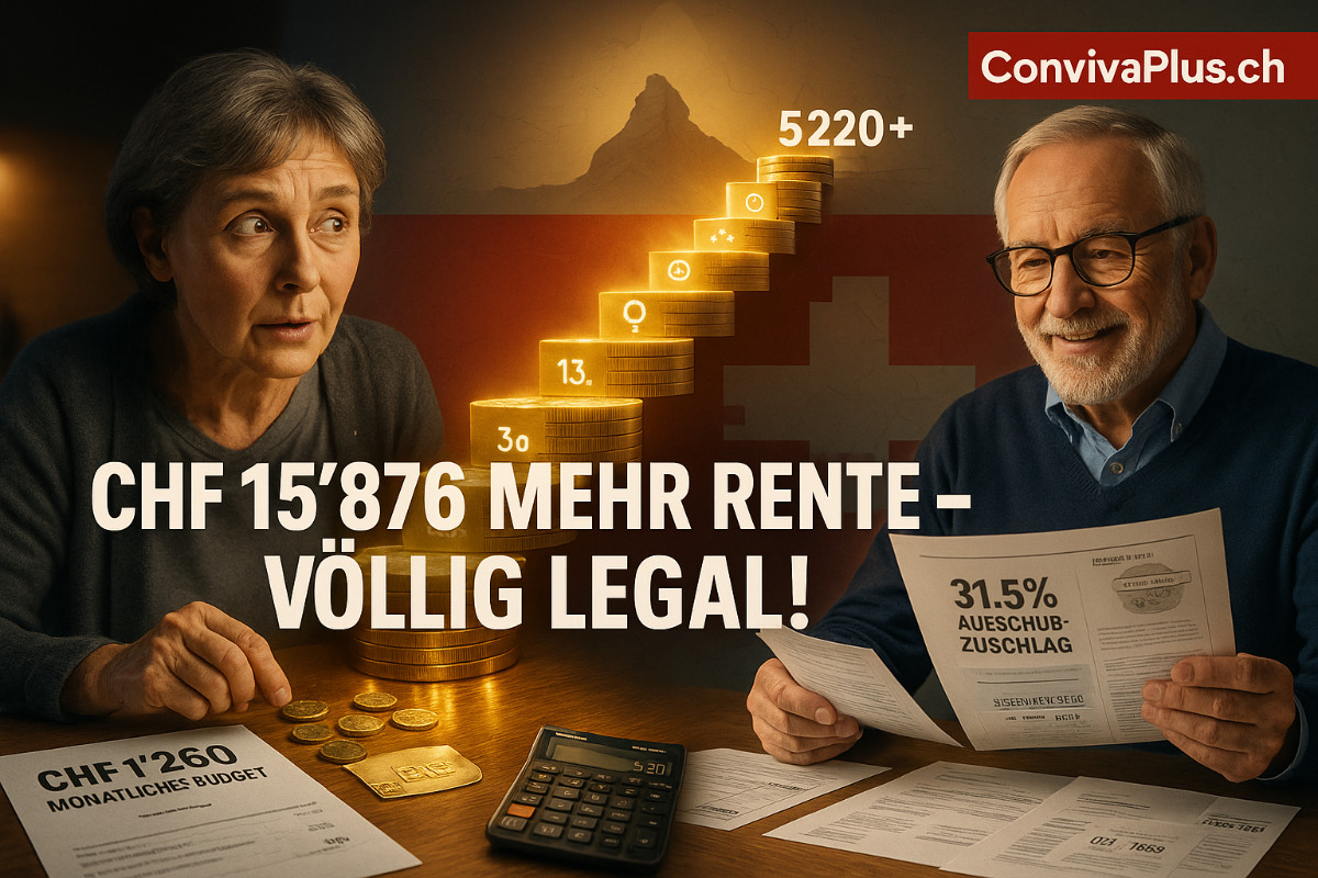 Infografik zeigt Schweizer Rentner mit Taschenrechner vor aufsteigender Goldmünzen-Treppe, die von CHF 1'260 Minimalrente zu CHF 2'520 Maximalrente führt. Schweizer Kreuz-Muster im Hintergrund, rotes ConvivaPlus.ch Logo oben rechts.