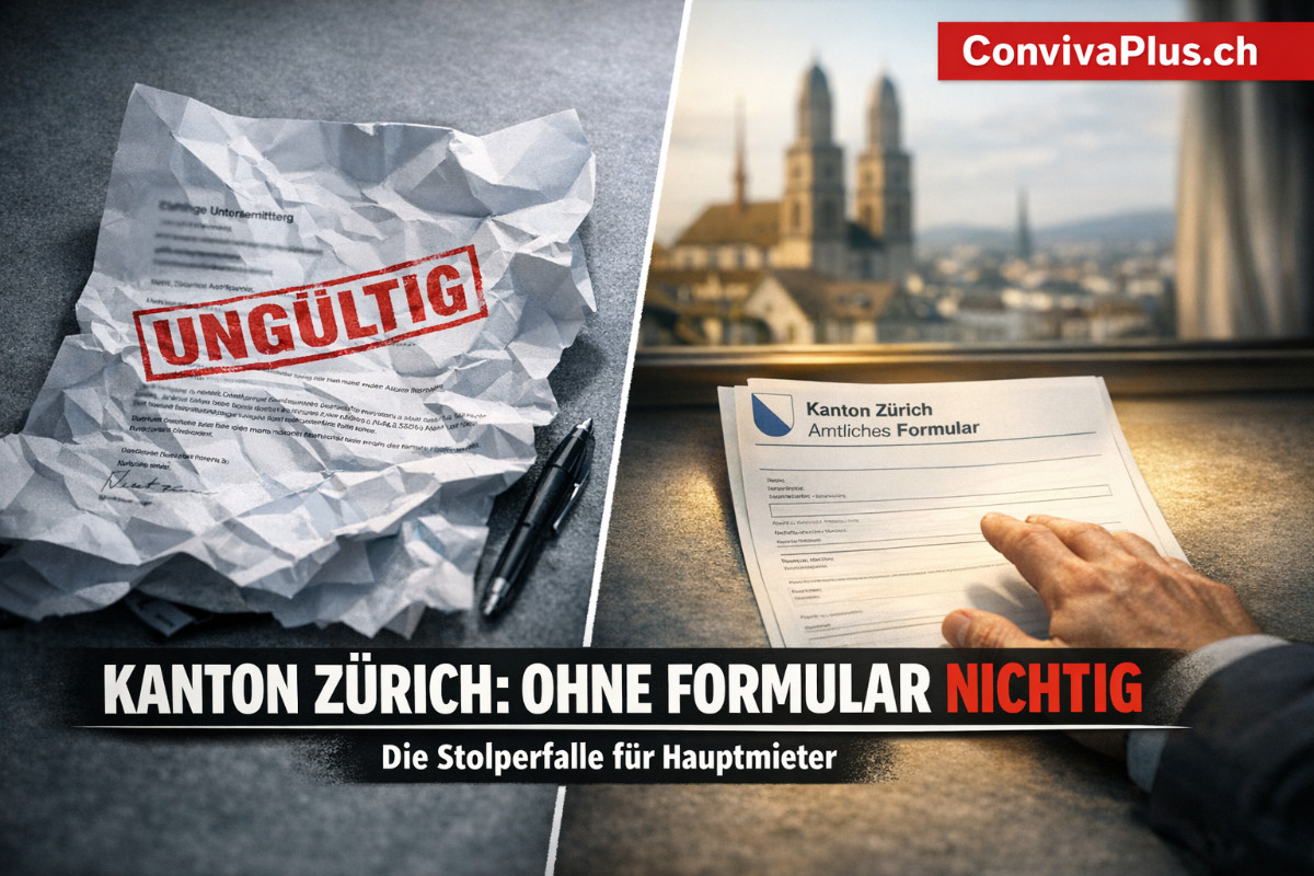 Kontrastbild zeigt zerknüllten ungültigen Kündigungsbrief mit rotem Nichtig-Stempel neben dem korrekten amtlichen Kündigungsformular des Kantons Zürich. Eine Hand greift nach dem offiziellen Formular. Visualisiert die wichtigste Stolperfalle für Hauptmieter: Ohne amtliches Formular ist die Kündigung im Kanton Zürich rechtlich unwirksam.