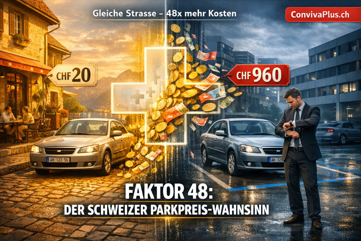 Anwohnerparkkarte Schweiz - Faktor 48 Preisunterschied | CHF 20 bis CHF 960 | Staedtevergleich | ConvivaPlus.ch Dramatischer Vergleich Anwohnerparkkarten Schweiz - Split-Screen zeigt Preisunterschied Faktor 48 zwischen guenstigster Stadt La Chaux-de-Fonds mit CHF 20 und teuerster Stadt Wetzikon mit CHF 960. Romandie versus Deutschschweiz Parkgebuehren visualisiert.