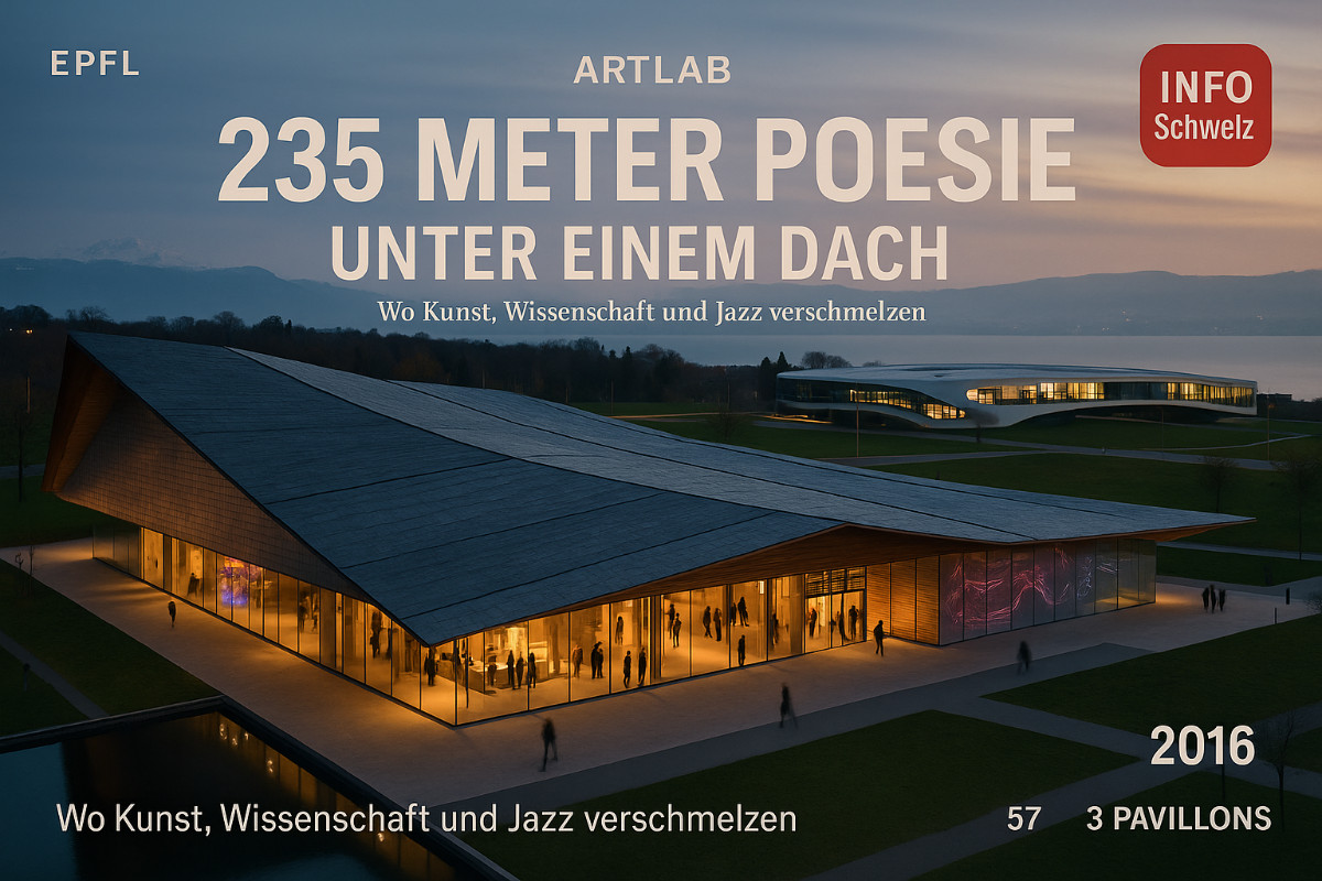 Das ArtLab der EPFL in Lausanne von Stararchitekt Kengo Kuma mit seinem 235 Meter langen Origami-Dach aus Schiefer und regionaler Lärchenholzfassade. Die 57 Holz-Stahl-Rahmen folgen der natürlichen Topografie und überspannen drei Pavillons: Arts & Science, Technology Gallery und Montreux Jazz Café. Im Hintergrund kontrastiert das schwebende Rolex Learning Center von SANAA. Schweizer Ingenieurskunst ermöglicht japanische Architekturpoesie unter einem Dach.