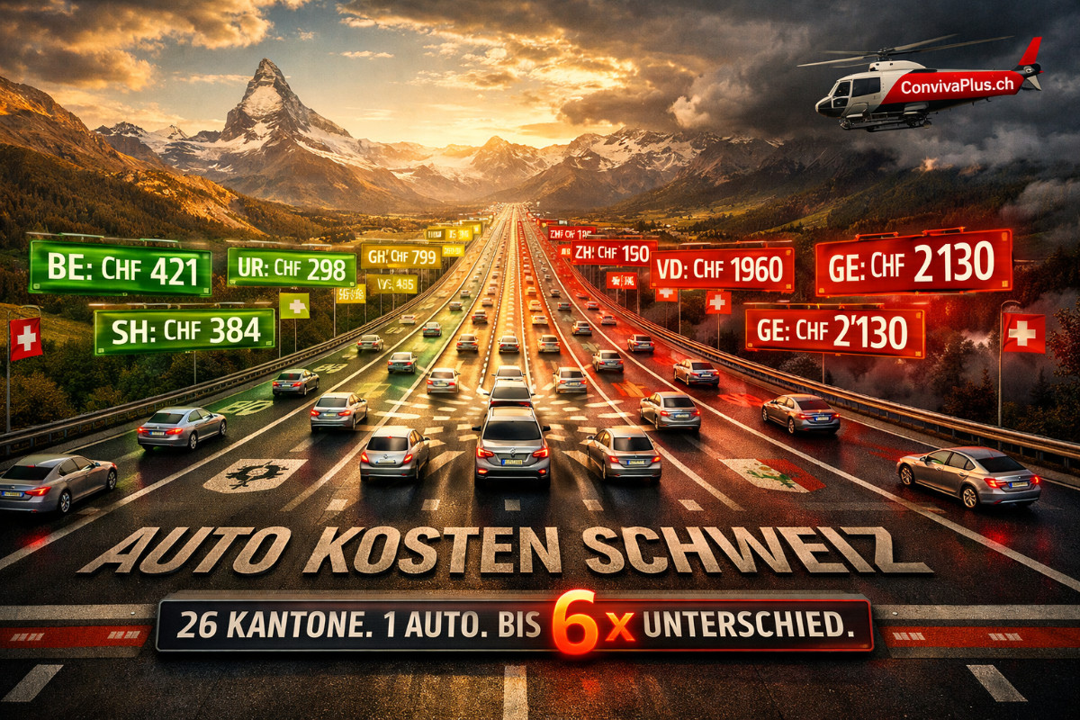 Spektakuläre Luftaufnahme einer Schweizer Autobahn mit 26 symbolischen Fahrspuren für jeden Kanton, Preisschilder von CHF 384 bis 2'130, Mercedes-Fahrzeuge in 26 verschiedenen Versionen, Alpenpanorama im Hintergrund
