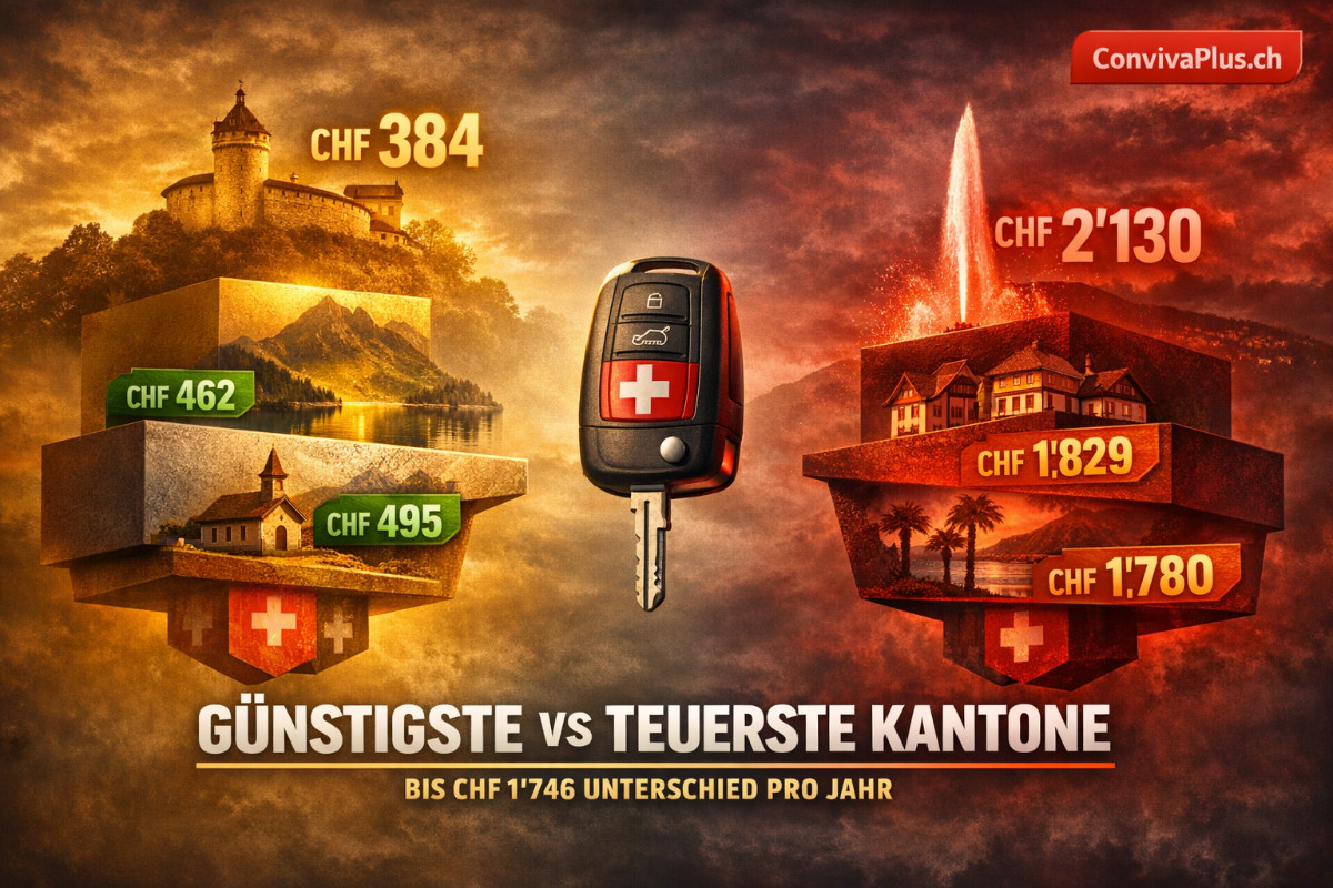 Übersichtsgrafik Kantonsranking Autosteuer Schweiz von günstigsten bis teuersten Kantonen mit Balkendiagramm und Prozentangaben zur Ersparnis