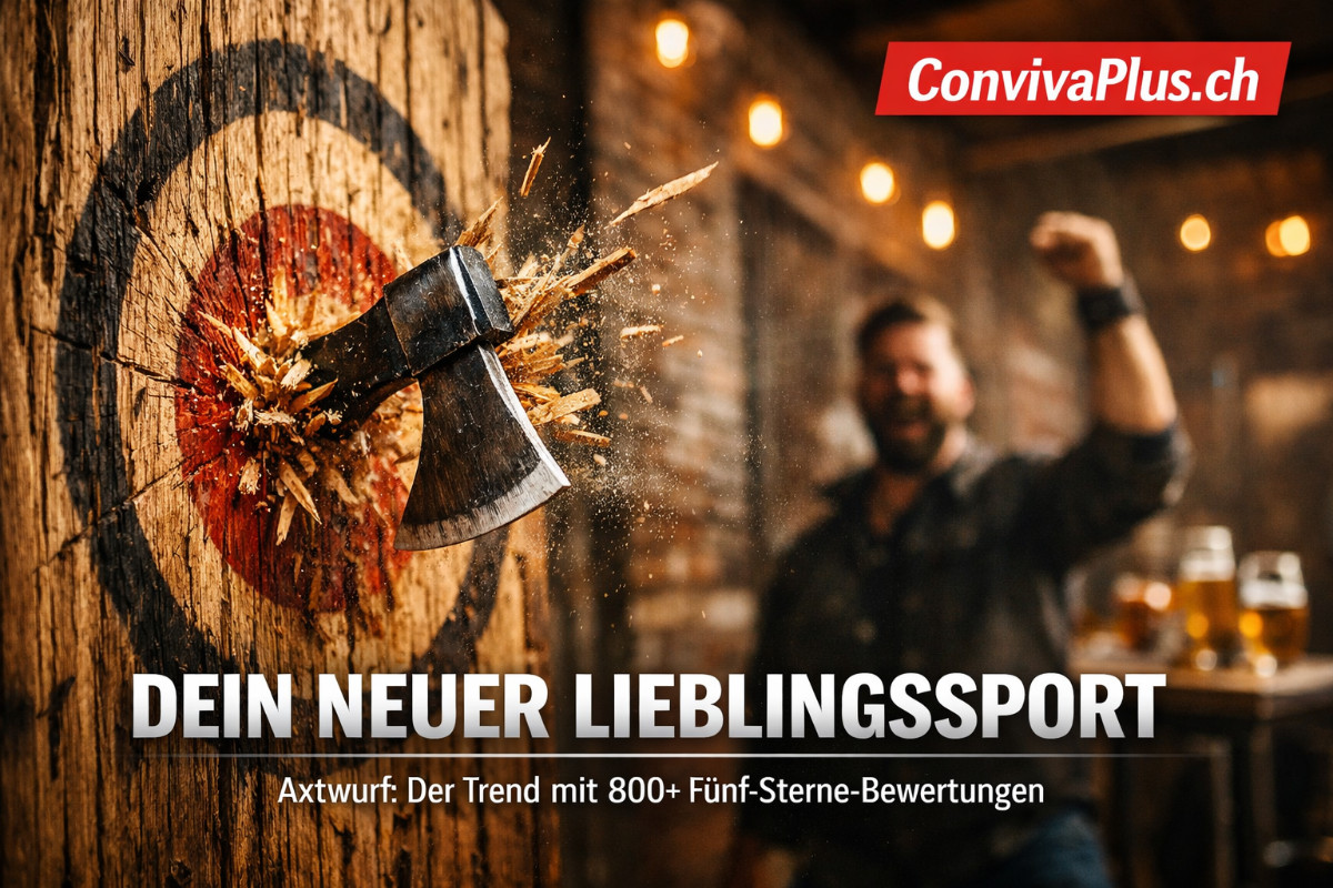 Axtwurf in der Schweiz: Perfekter Treffer ins Bullseye, Axt steckt tief im Holz mit gefrorenen Splittern, industrielles Ambiente mit Backsteinw&auml;nden und warmem Licht. Der Trendsport f&uuml;r Erwachsene mit &uuml;ber 800 F&uuml;nf-Sterne-Bewertungen.