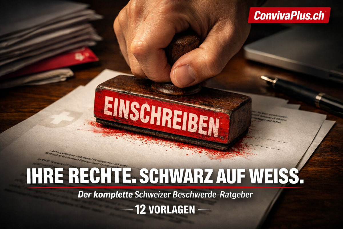 Dramatische Nahaufnahme einer Hand, die einen roten Einschreiben-Stempel kraftvoll auf einen Beschwerdebrief dr&uuml;ckt. Symbolbild f&uuml;r die Durchsetzung von Konsumentenrechten in der Schweiz. Professionelle Dokumente im Hintergrund.