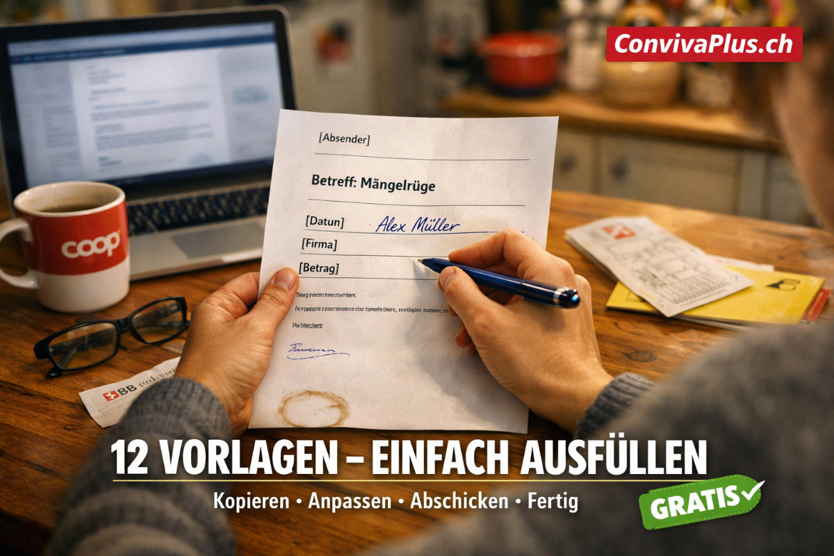 Person f&uuml;llt am K&uuml;chentisch eine Beschwerdebrief-Mustervorlage aus. Stift tr&auml;gt Namen in Formularfeld ein. Laptop mit weiteren Vorlagen, Kaffeetasse und Dokumente zeigen typische Schweizer Wohnsituation. Symbolbild f&uuml;r einfache Selbsthilfe bei Reklamationen.