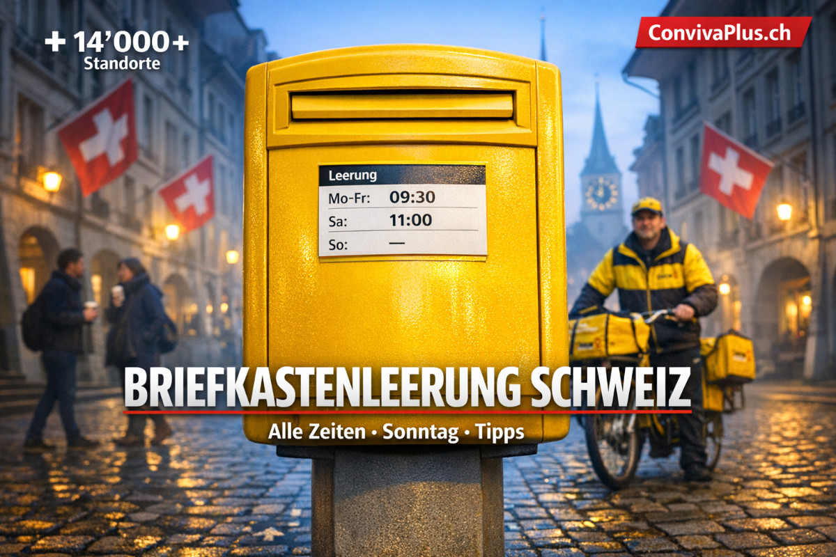 Gelber Schweizer Post Briefkasten mit Leerungszeiten-Aufkleber in Schweizer Altstadt am fr&uuml;hen Morgen. P&ouml;stler im Hintergrund bei der Leerungsrunde - &uuml;ber 14000 Briefk&auml;sten werden t&auml;glich geleert, die meisten bereits vor 10 Uhr.