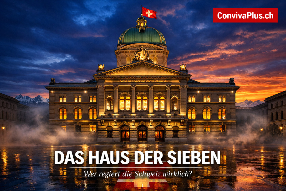 Das Bundeshaus in Bern bei dramatischer Abendd&auml;mmerung: Die ikonische gr&uuml;ne Kuppel vor blau-orangem Himmel, alle Fenster golden erleuchtet. Der Sitz des Schweizer Bundesrats spiegelt sich in den nassen Pflastersteinen des Bundesplatzes, Alpengipfel am Horizont.