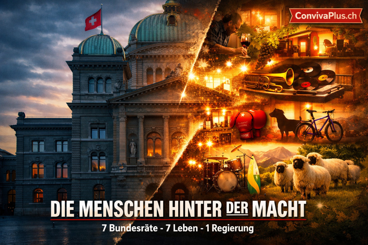 K&uuml;nstlerische Visualisierung des Schweizer Bundesrats 2026: Das Bundeshaus in Bern mit durchscheinender Fassade zeigt symbolisch die privaten Seiten der 7 Bundesr&auml;te - von Parmelins Weinreben &uuml;ber Keller-Sutters Boxhandschuhe bis zu Pfisters Posaune. Die menschlichen Geschichten hinter der Macht.