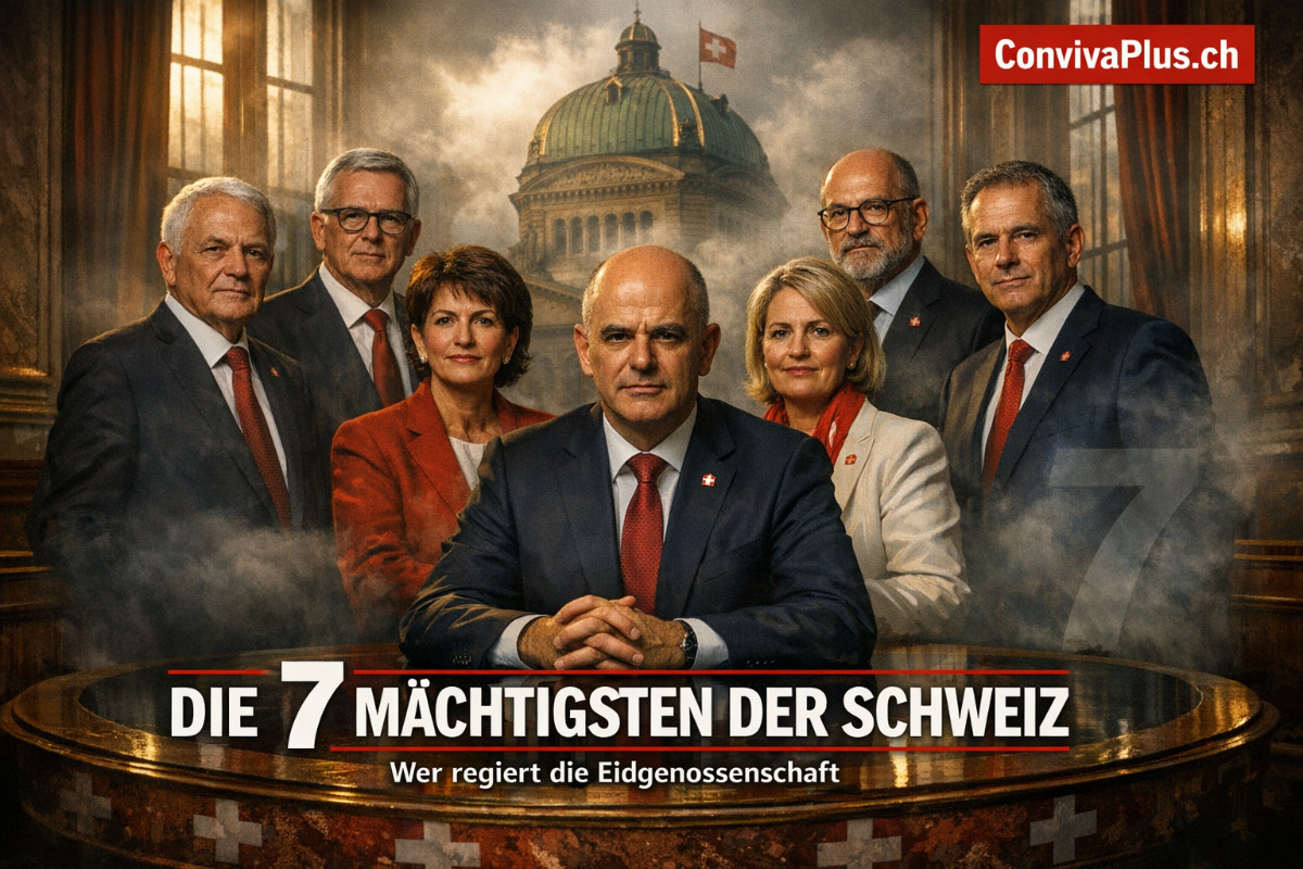 Die sieben Mitglieder des Schweizer Bundesrats im Bundeshaus Bern: Guy Parmelin als Bundespr&auml;sident zentral positioniert, umgeben von sechs weiteren Regierungsmitgliedern. Dramatische Lichtstimmung unterstreicht die Autorit&auml;t der Kollegialbeh&ouml;rde mit der ikonischen Bundeshaus-Kuppel im Hintergrund.