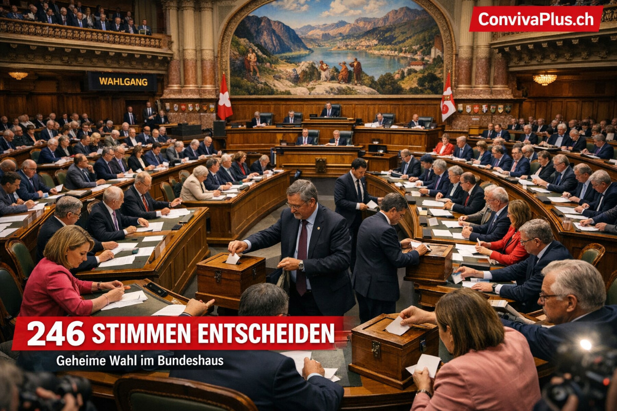 Die Vereinigte Bundesversammlung bei der Bundesratswahl im Nationalratssaal Bern: 246 Parlamentarier geben ihre geheimen Stimmzettel ab. Der historische Saal mit dem ber&uuml;hmten Deckengem&auml;lde und den gr&uuml;nen Ledersitzen zeigt Schweizer Demokratie in Aktion.