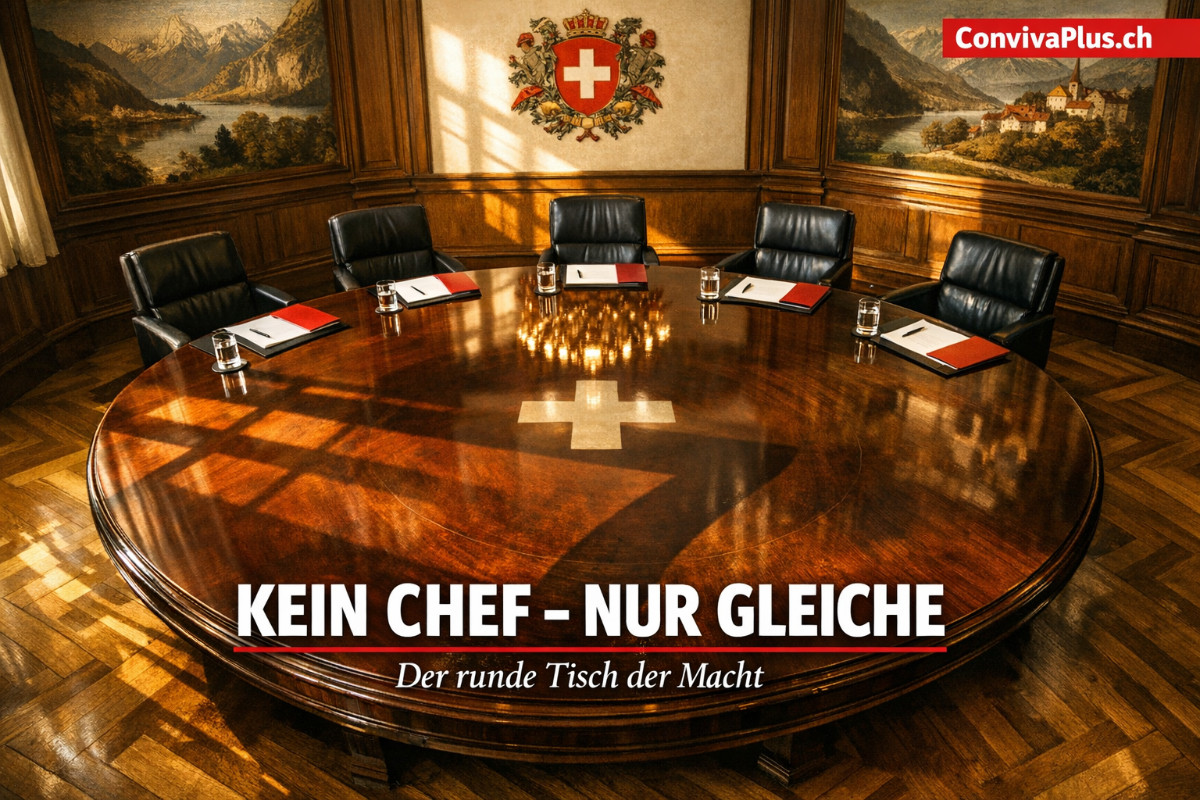 Der runde Tisch im Bundesratszimmer des Bundeshauses Bern: Sieben gleichwertige Pl&auml;tze symbolisieren die Schweizer Kollegialregierung ohne Hierarchie. Morgenlicht f&auml;llt durch hohe Fenster auf das polierte Mahagoni, historische Gem&auml;lde an den holzvert&auml;felten W&auml;nden.