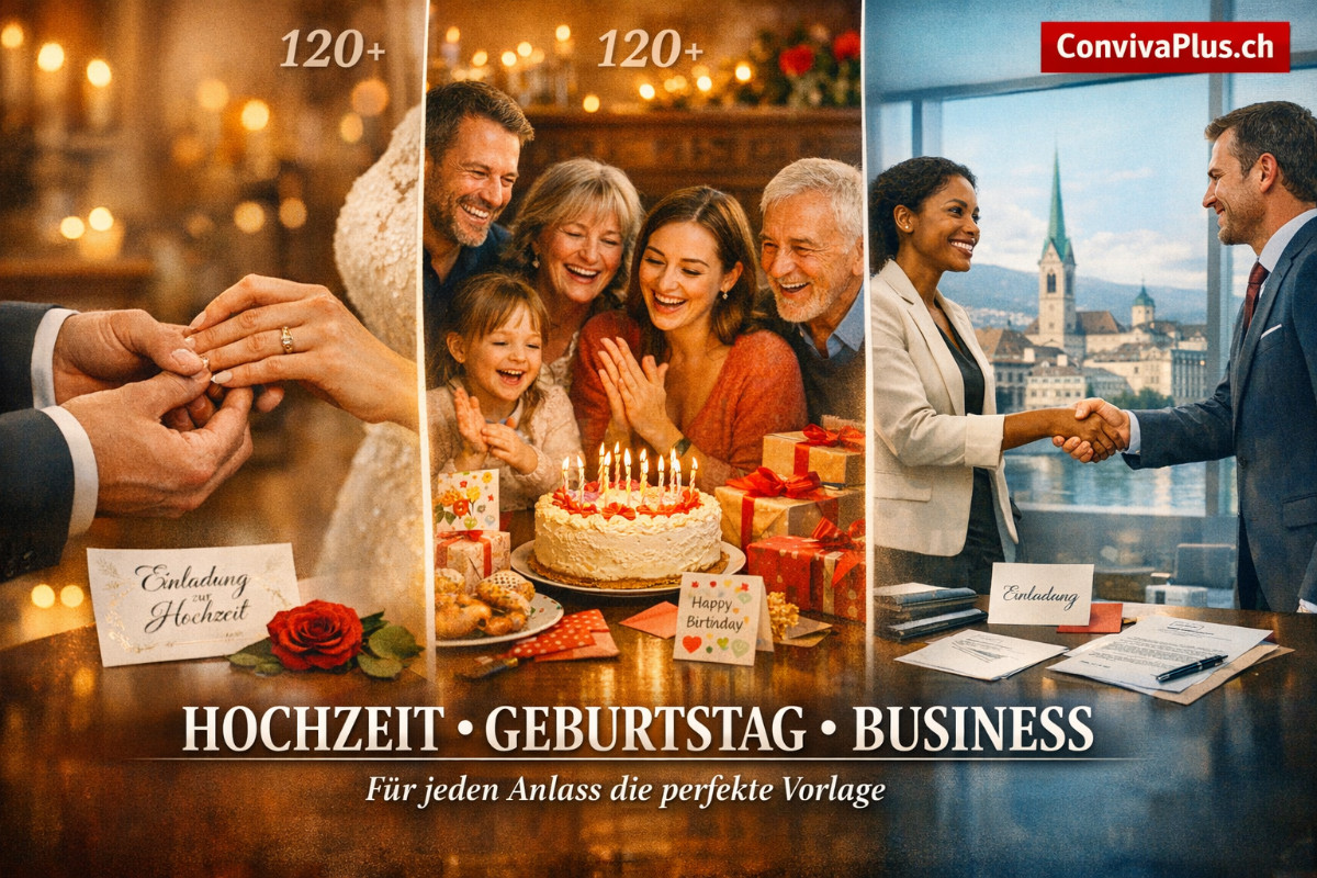 Triptychon zeigt drei typische Einladungsanl&auml;sse: elegante Hochzeitstafel mit Blumendeko, fr&ouml;hliche Geburtstagsfeier mit Torte und Ballons, professionelles Business-Meeting - verschiedene Situationen f&uuml;r Dankesschreiben in der Schweiz