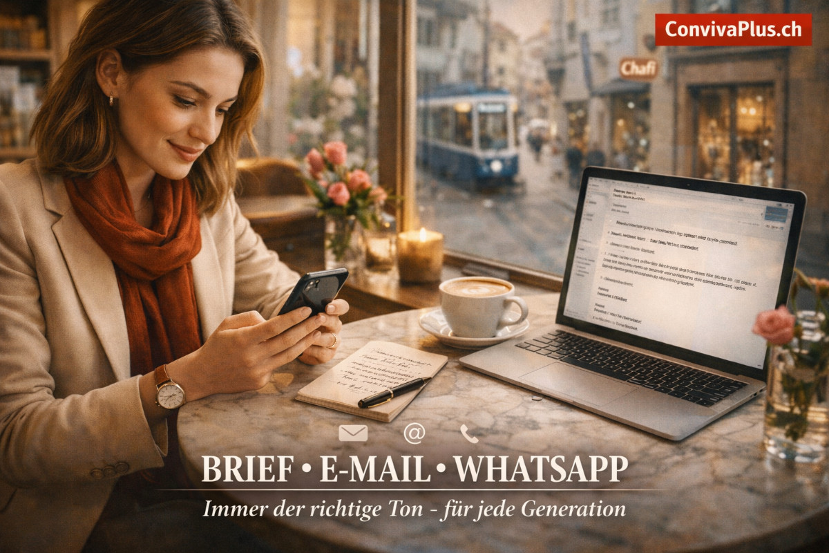 Junge Frau sitzt entspannt im Caf&eacute; und tippt l&auml;chelnd eine WhatsApp-Nachricht auf ihrem Smartphone - symbolisiert moderne digitale Dankesnachrichten f&uuml;r Einladungen in der Schweiz