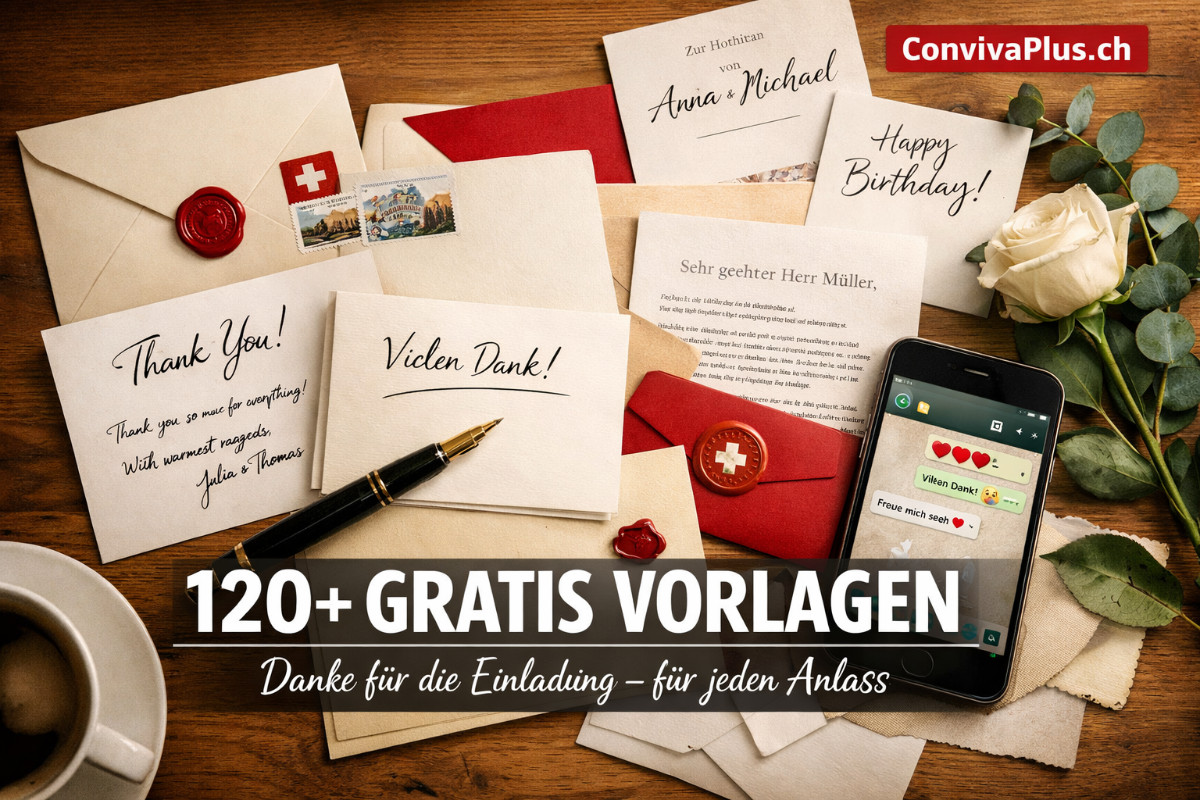 Elegantes Flatlay mit Dankeskarten, Briefumschl&auml;gen, F&uuml;llfederhalter und Smartphone auf Holztisch - symbolisiert &uuml;ber 120 kostenlose Mustervorlagen f&uuml;r Danksagungen zu Hochzeit, Geburtstag, Taufe und Gesch&auml;ftsanl&auml;ssen in der Schweiz