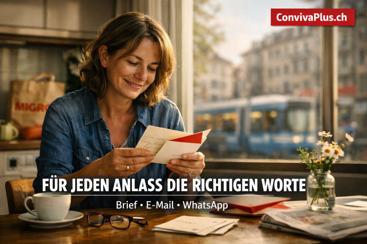 Frau liest ger&uuml;hrt eine handgeschriebene Dankeskarte am K&uuml;chentisch in Schweizer Wohnung mit Morgenlicht - symbolisiert die emotionale Wirkung von herzlichen Danksagungen f&uuml;r Einladungen