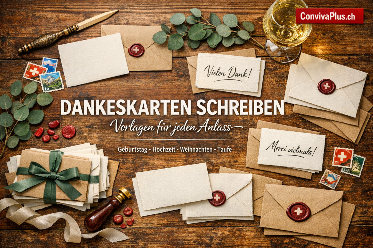 Flat-Lay Arrangement verschiedener Dankeskarten auf Holztisch mit Wachssiegel, Briefumschl&auml;gen und Eukalyptus. &Uuml;berschrift: Dankeskarten schreiben - Vorlagen f&uuml;r jeden Anlass. Geburtstag, Hochzeit, Weihnachten, Taufe. Schweizer Editorial-Fotografie.