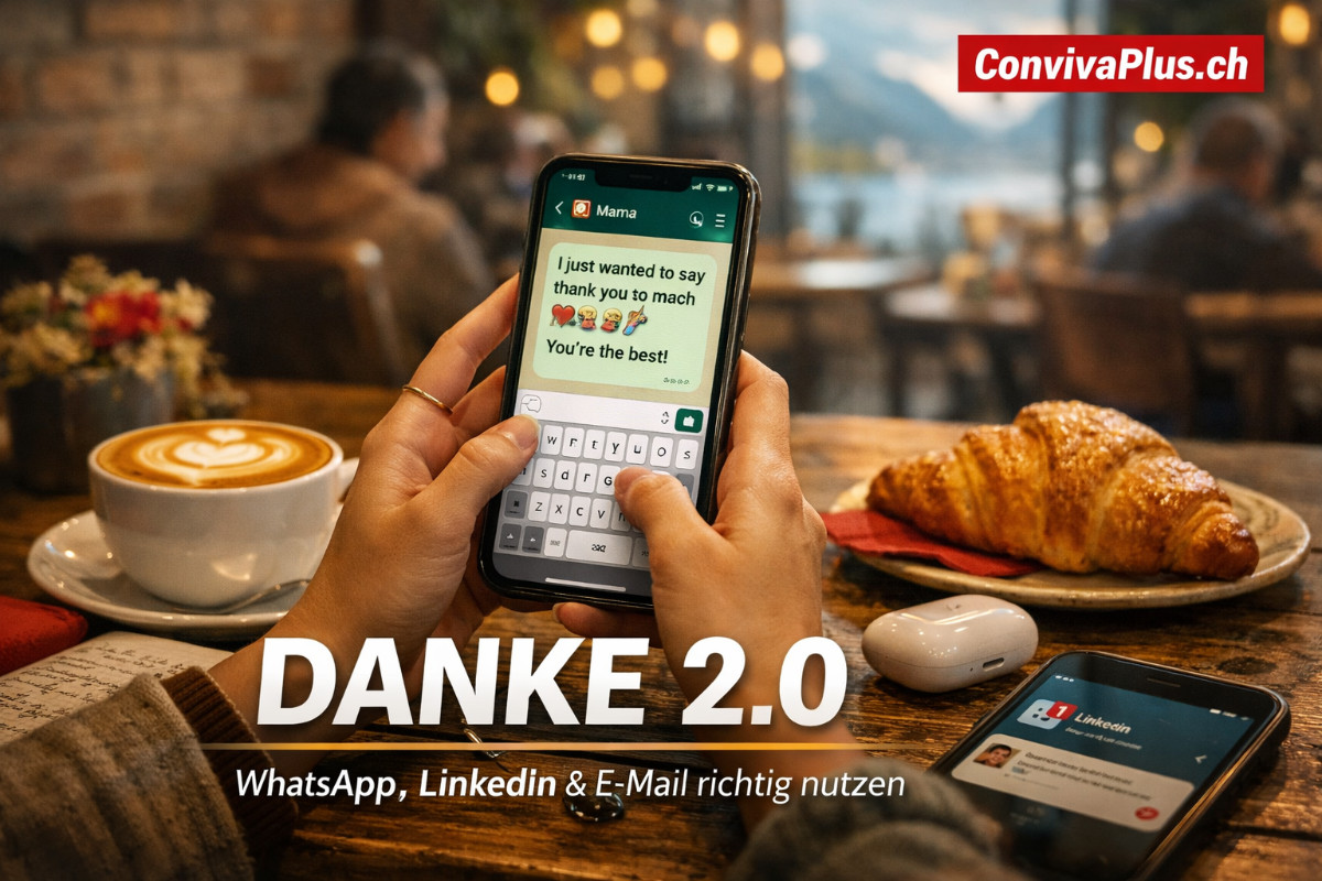 Moderne digitale Kommunikation: Smartphone zeigt WhatsApp-Chat mit Dankes-Emoji, Laptop mit LinkedIn und E-Mail im Hintergrund. Zeitgen&ouml;ssisches Schweizer Wohnzimmer mit Zimmerpflanzen, warmem Licht und Kaffeetasse.