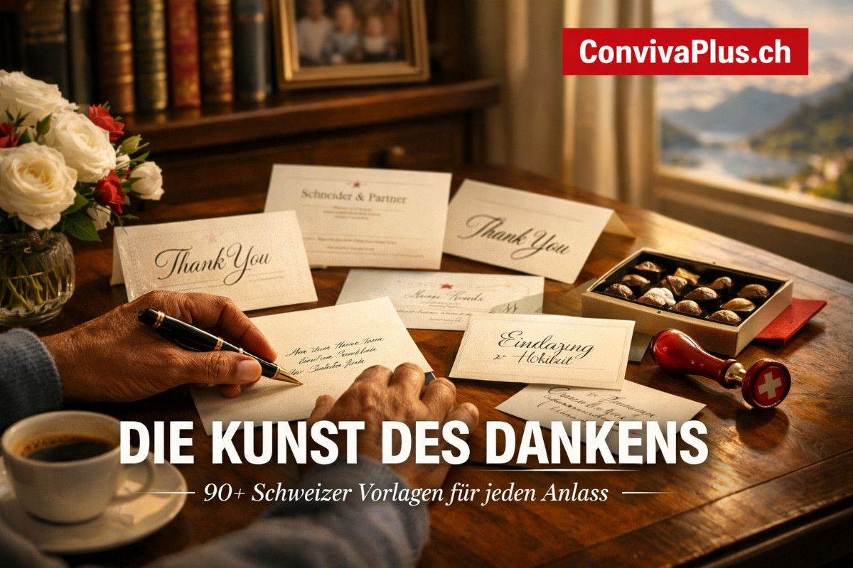 Elegante Schweizer Schreibszene mit handgeschriebenen Dankeskarten, F&uuml;llfederhalter und Briefpapier auf Holzschreibtisch. Warmes Licht, Blumen und Schweizer Schokolade im Vordergrund. Symbol f&uuml;r die Kunst des Dankens und pers&ouml;nliche Korrespondenz in der Schweiz.