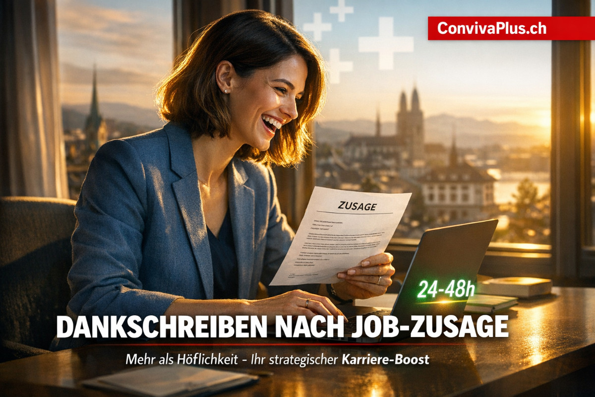 Junge Frau im Business-Blazer tippt freudig Dankschreiben nach Job-Zusage am Laptop - strategischer Karrieremoment mit Schweizer Stadtsilhouette im Hintergrund, professionelle Arbeitsatmosph&auml;re mit warmem Morgenlicht