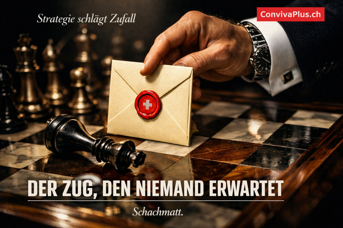 Elegante Hand setzt goldenen Briefumschlag als Schachfigur auf Brett - schwarzer K&ouml;nig liegt besiegt, dramatisches Seitenlicht auf Luxus-Schachbrett, Metapher f&uuml;r strategischen Karrierezug durch Dankschreiben nach Job-Zusage