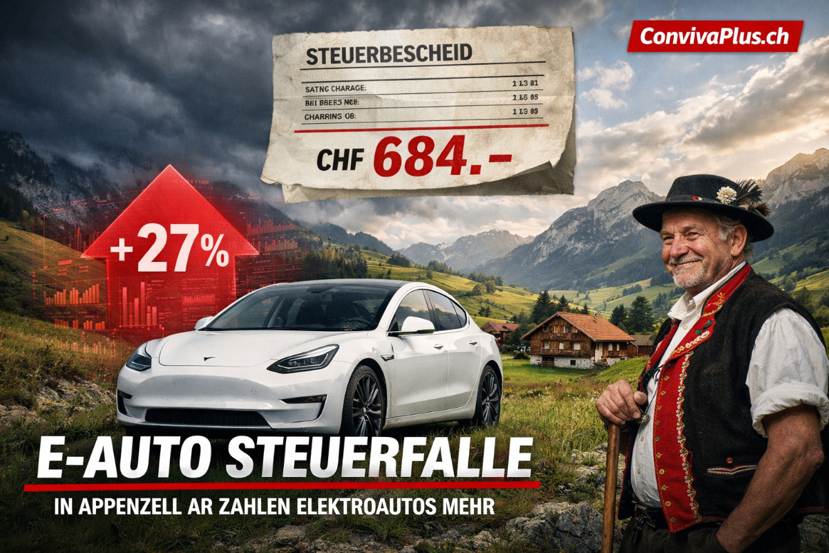 Vergleichsgrafik VW Golf Benziner vs VW ID.3 Elektro in Appenzell Ausserrhoden mit Waage-Symbol zeigt Steuerfalle durch höheres Gewicht: Elektroauto zahlt CHF 684 statt CHF 538