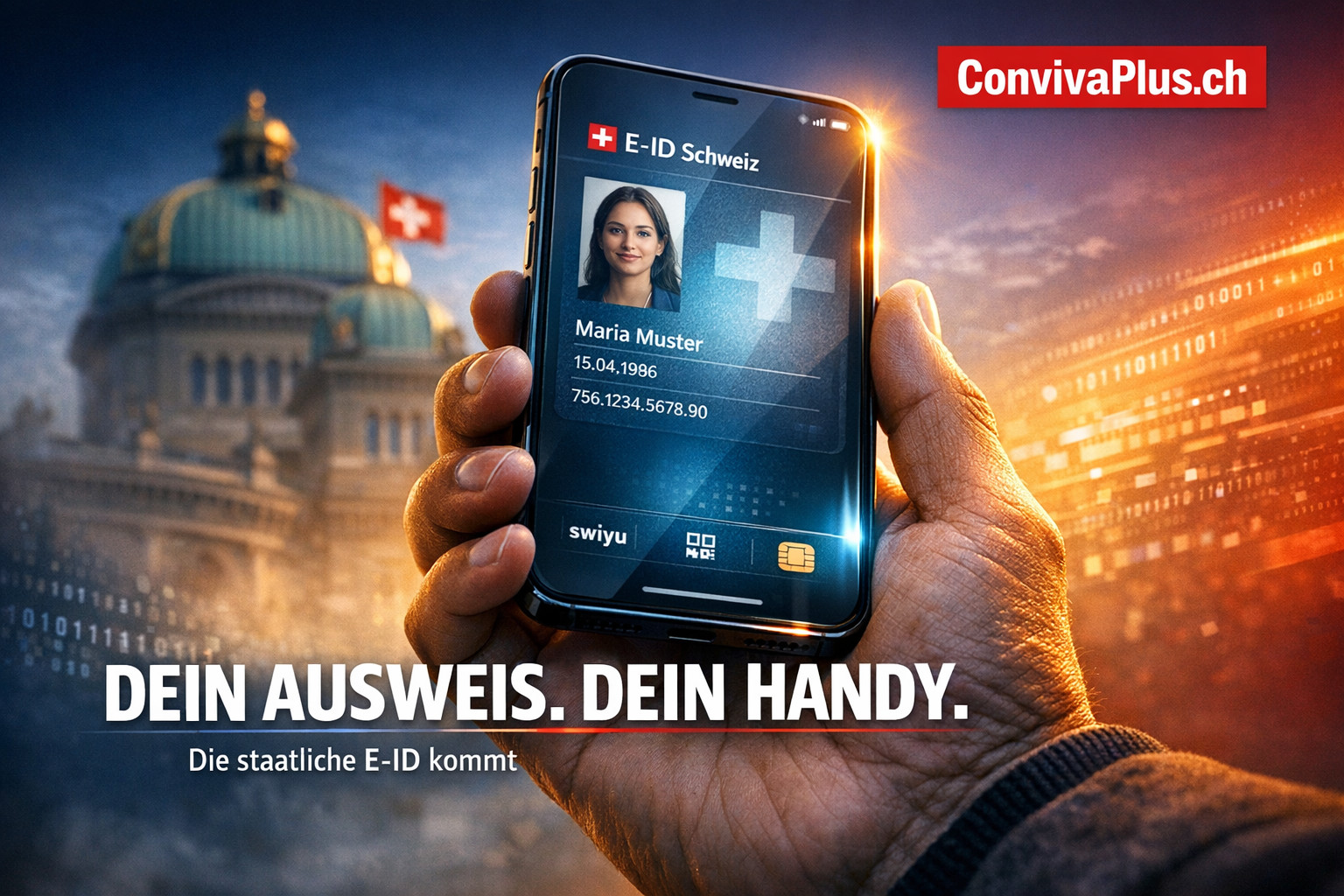 E-ID Schweiz - Digitaler Ausweis auf dem Smartphone | Staatliche elektronische Identitaet ab 2026 | swiyu App | ConvivaPlus.ch Schweizer E-ID auf Smartphone dargestellt - Hand haelt modernes Handy mit digitalem Identitaetsnachweis vor Bundeshaus-Silhouette. Die staatliche elektronische Identitaet der Schweiz ermoeglicht ab Sommer 2026 Altersnachweis und Behoerdenlogin per swiyu App. Kostenlos und freiwillig fuer alle mit Schweizer Ausweis.