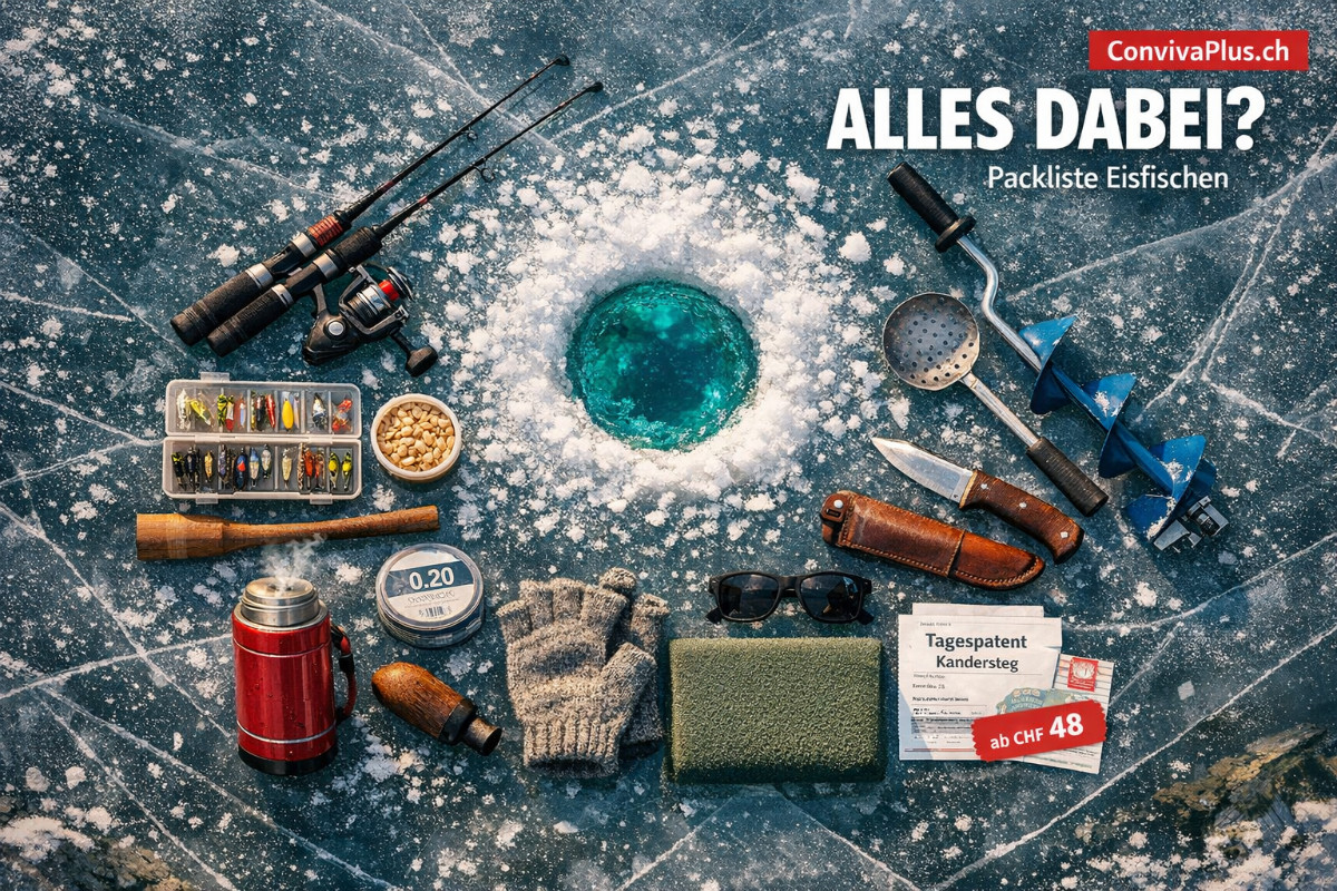 Eisfischen Packliste: Komplette Ausrüstung auf Oeschinensee-Eis | Eisbohrer - Ruten - Köder - Zubehör | ConvivaPlus.ch Komplette Eisfisch-Ausrüstung auf dem gefrorenen Oeschinensee von oben fotografiert. Eisbohrer, zwei kurze Eisruten, Köderbox mit Bienenmaden, Schöpfkelle, Thermosflasche und Handschuhe um ein gebohrtes Eisloch arrangiert. Das türkisblaue UNESCO-Wasser schimmert durch die Eisöffnung. Morgenlicht wirft lange Schatten auf die kristallklare Eisfläche.