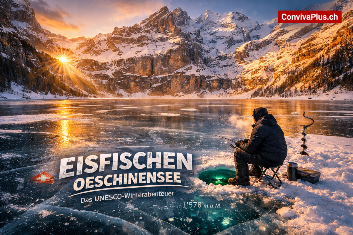 Eisfischen Oeschinensee: Einsamer Fischer auf gefrorenem UNESCO-See | Blüemlisalp-Panorama | Kandersteg Wintererlebnis | ConvivaPlus.ch Eisfischer sitzt allein auf dem zugefrorenen Oeschinensee bei Kandersteg im goldenen Abendlicht. Im Hintergrund erhebt sich das majestätische Blüemlisalpmassiv mit schneebedeckten Felswänden. UNESCO-Welterbe Bergsee auf 1578 Metern Höhe im Berner Oberland. Authentisches Schweizer Winterabenteuer mit Eisbohrer und Angelausrüstung auf kristallklarem Eis.