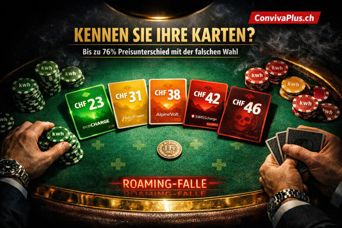 Bis zu 76% Preisunterschied | Roaming-Falle vermeiden Casino-Pokertisch mit Ladekarten, Preise CHF 23-46 für dieselbe Ladung, Pokerchips mit kWh-Werten