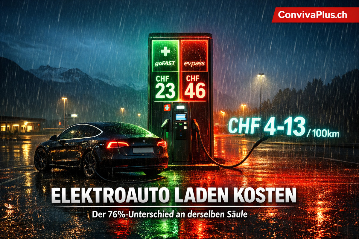 Elektroauto laden Kosten Schweiz: 76% Preisunterschied | CHF 4-13 pro 100 km Dramatische Nachtaufnahme einer Schweizer Ladestation mit Tesla Model 3, Display zeigt CHF 23-46 Preisunterschied, Schweizer Alpen im Hintergrund