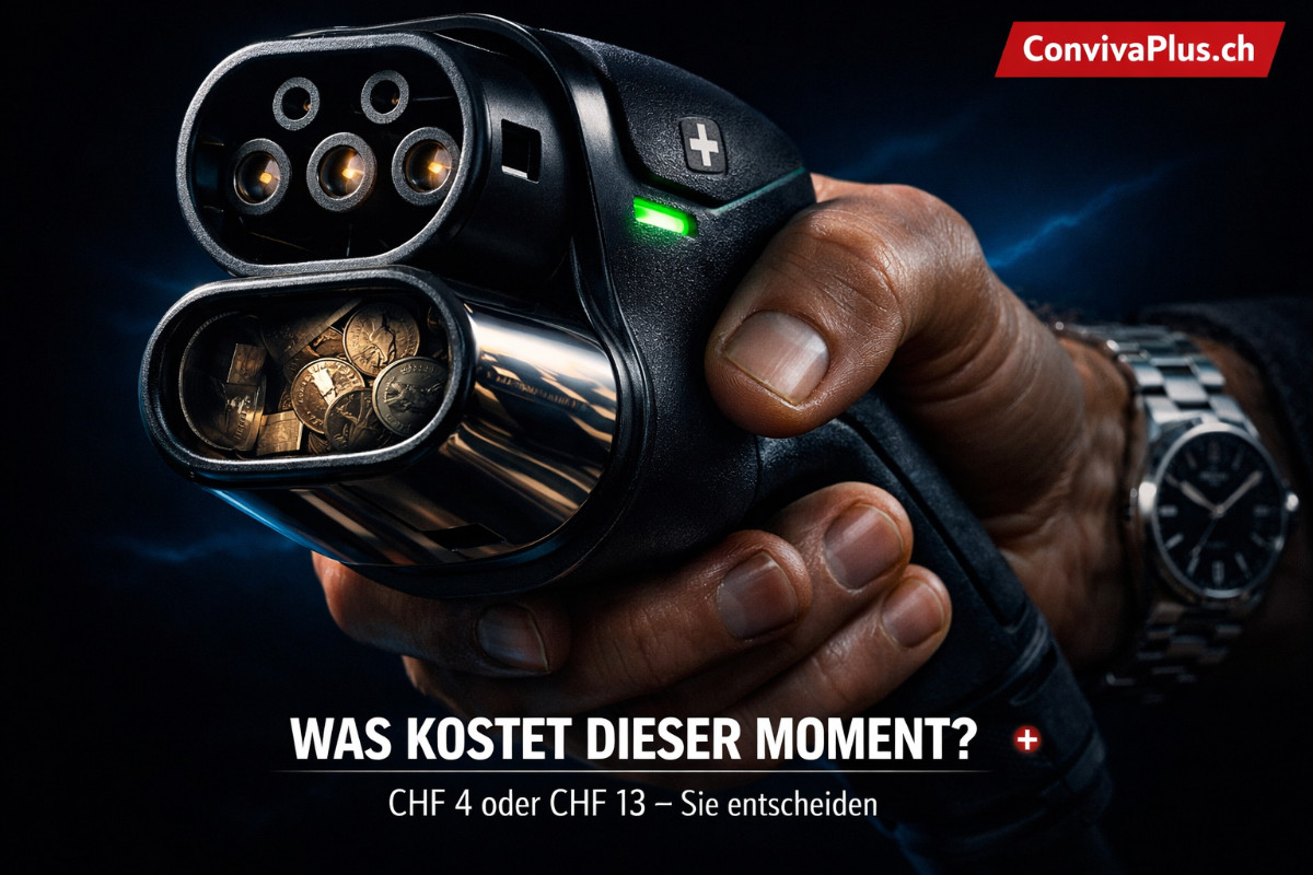 Was kostet dieser Moment? CHF 4-13 pro 100 km | Der Entscheidungsmoment Cinematische Nahaufnahme einer Hand mit CCS-Ladestecker, Chiaroscuro-Beleuchtung, Schweizer Franken Reflexion im Lack