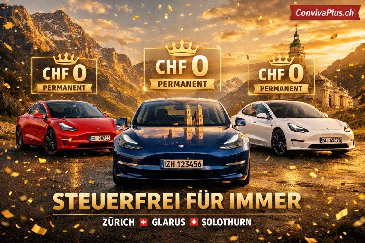 Infografik zeigt die drei Schweizer Kantone Zürich, Glarus und Solothurn, die Elektroautos dauerhaft von der Verkehrssteuer befreien – mit Tesla Model 3 Illustration und Schweizer Flaggen