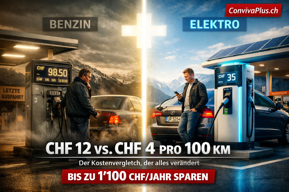 Elektroauto vs. Benzin Kostenvergleich Schweiz: CHF 4 vs. CHF 12 pro 100 km | Bis zu 1'100 Franken Ersparnis pro Jahr | ConvivaPlus.ch Dramatischer Split-Screen-Vergleich an Schweizer Autobahnraststätte: Links gestresster Fahrer an teurer Benzinzapfsäule mit CHF 98 auf dem Display, rechts entspannter E-Auto-Fahrer an moderner Ladestation für CHF 35. Der visuelle Beweis für die Kostenersparnis von bis zu CHF 1'100 pro Jahr beim Umstieg auf Elektromobilität.