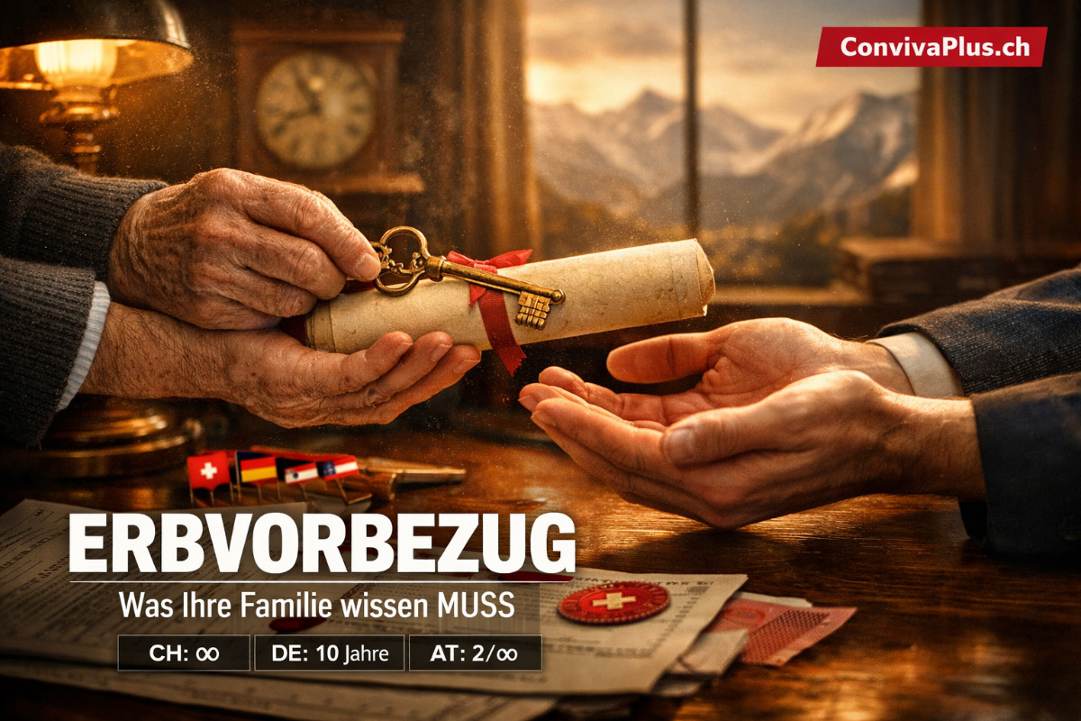 Erbvorbezug DACH-Vergleich: Generationenübergabe Schweiz - Deutschland - Österreich | Vermögensübertragung | ConvivaPlus.ch Symbolische Übergabe zwischen Generationen: Ältere Hände überreichen goldenen Schlüssel und Dokument an jüngere Hände über Schweizer Bankschreibtisch. DACH-Flaggen und Titel ERBVORBEZUG sichtbar. Dramatische Lichtstimmung betont die Bedeutung der Vermögensübertragung.
