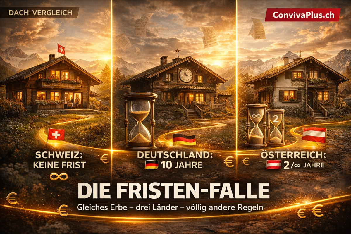 Triptychon-Vergleich der Erbvorbezug-Fristen: Drei identische Schweizer Chalets symbolisieren die unterschiedlichen Regelungen in der Schweiz (keine Frist), Deutschland (10 Jahre) und &Ouml;sterreich (2 Jahre f&uuml;r Dritte, unbefristet f&uuml;r Familie). Dramatische Lichtstimmung unterstreicht die Dringlichkeit.