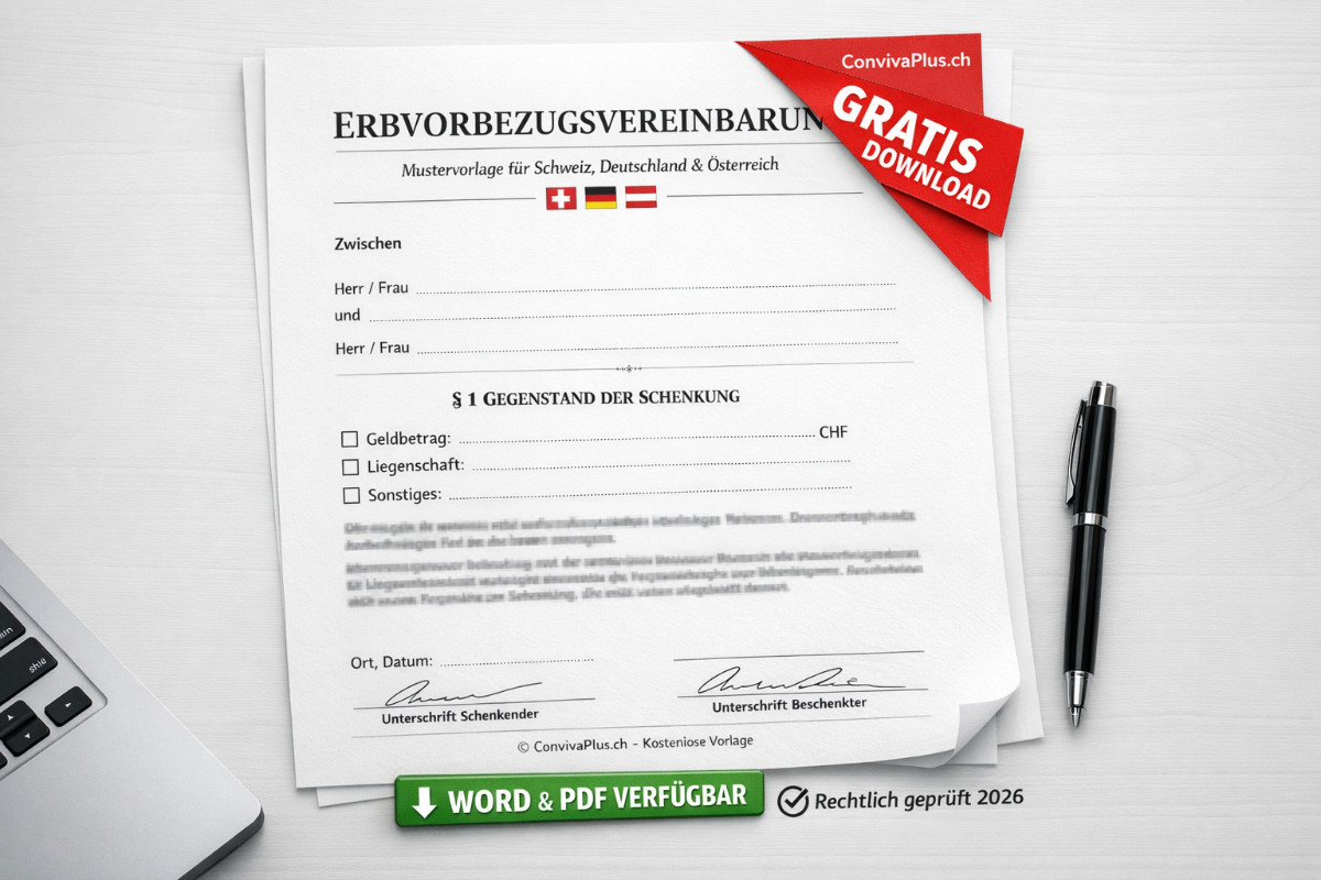 Gratis Erbvorbezug Mustervorlage zum Download: Professionelle Vereinbarung f&uuml;r Schweiz, Deutschland und &Ouml;sterreich mit Formularfeldern, Checkboxen und Unterschriftszeilen. Roter GRATIS DOWNLOAD Banner und Word sowie PDF verf&uuml;gbar.