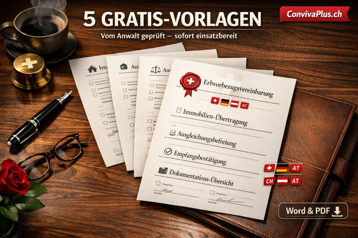 F&uuml;nf professionelle Erbvorbezug-Mustervorlagen elegant auf Walnussholz-Schreibtisch arrangiert: Vereinbarung, Immobilien-&Uuml;bertragung, Ausgleichungsbefreiung, Empfangsbest&auml;tigung und Dokumentations-&Uuml;bersicht. Mit F&uuml;llfederhalter, Siegeln und DACH-Kompatibilit&auml;ts-Kennzeichnung f&uuml;r Schweiz, Deutschland und &Ouml;sterreich.