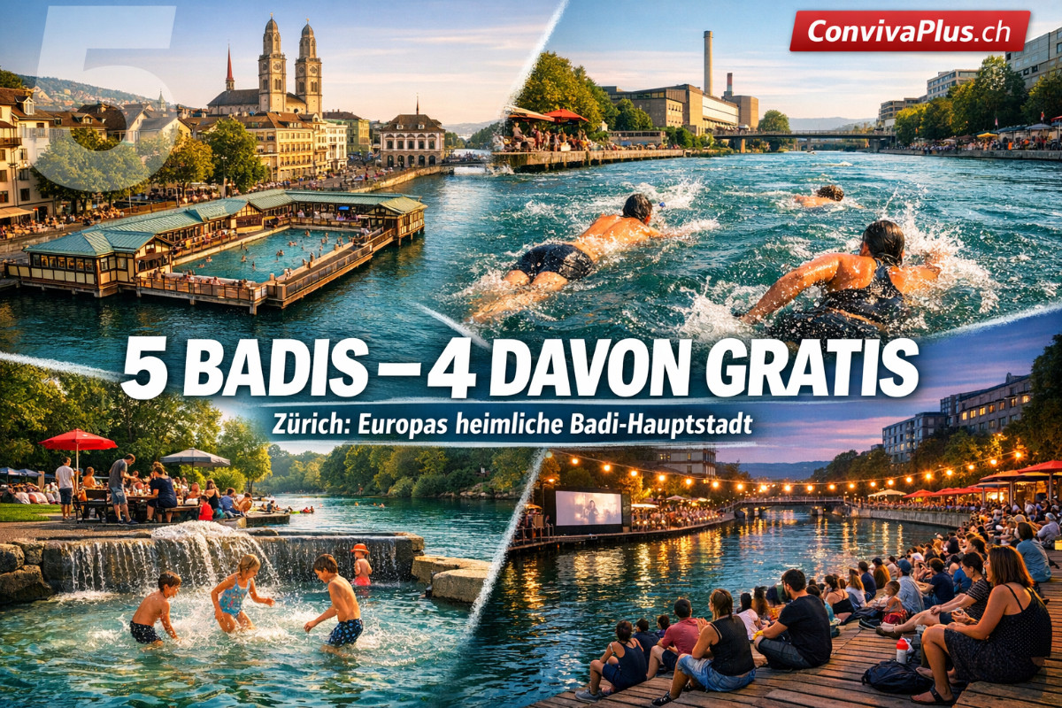 Collage der fuenf Zuercher Flussbaeder an der Limmat: Frauenbadi Stadthausquai im Jugendstil von 1888, sportliche Schwimmer im Oberen Letten, Familien-Grillplausch auf der Werdinsel und Open-Air-Kino im Unteren Letten. Vier der fuenf Badis sind gratis - mehr Flussbaeder als jede andere europaeische Grossstadt.