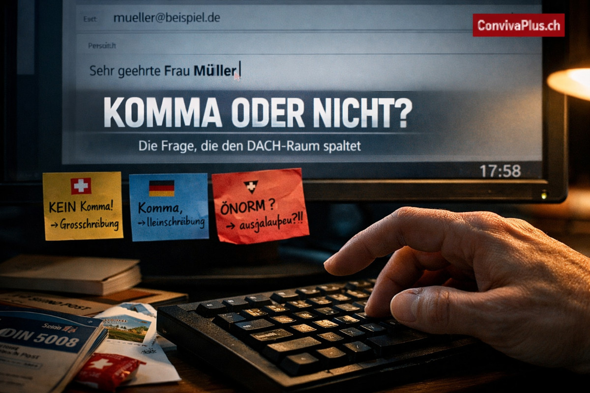 Nahaufnahme einer Hand mit Stift die bei der Anrede in einem Gesch&auml;ftsbrief z&ouml;gert ob ein Komma gesetzt werden soll. Links Schweizer Flagge ohne Komma, rechts deutsche Flagge mit Komma. Dramatischer Moment der Entscheidung bei der Gesch&auml;ftskorrespondenz.