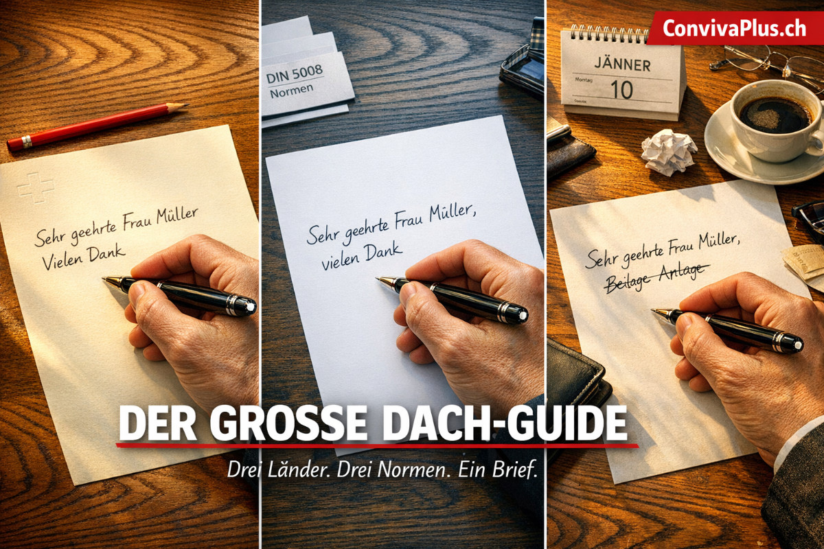 Drei Schreibtische mit H&auml;nden die Gesch&auml;ftsbriefe schreiben: Schweizer Version ohne Komma nach Anrede, deutsche Version mit Komma und Kleinschreibung, &ouml;sterreichische Version mit J&auml;nner-Kalender. Dramatische Triptychon-Komposition zeigt die Unterschiede zwischen SN 010130, DIN 5008 und der ausgelaufenen &Ouml;NORM A 1080.