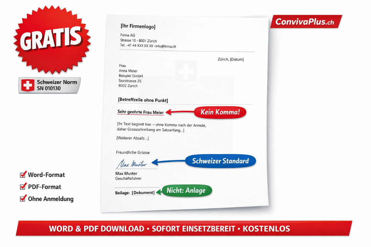 Gratis Gesch&auml;ftsbrief Vorlage Schweiz zum Download: Muster mit korrekter Formatierung nach SN 010130, Anrede ohne Komma, Freundliche Gr&uuml;sse als Grussformel, Beilage statt Anlage. Word und PDF Format kostenlos verf&uuml;gbar mit Erkl&auml;rungen zu allen wichtigen Elementen.